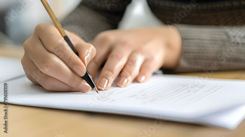 A closeup photograph of beautiful and neat ladies hands, writing down notes on a note book using a pen, detailed picture.