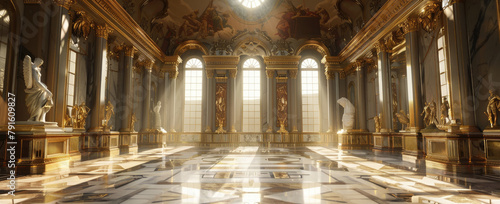 A grand ballroom with marble floors, golden statues and sunlight streaming through tall windows