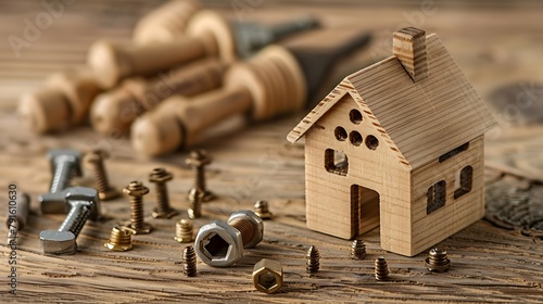 Miniature wooden house and a set of small scale hand tool replicas and fasteners isolated on a wooden background