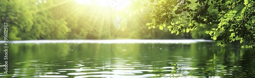 Blurred Background of Water and Green Trees with Sunlight Reflection: Abstract Nature Banner for Summer or Spring