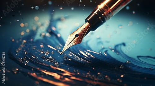 A close-up of a fountain pen nib, glistening with ink, poised to create magic on the blank canvas of a notebook