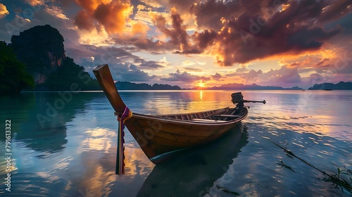 Beautiful sunset at tropical sea with long tail boat
