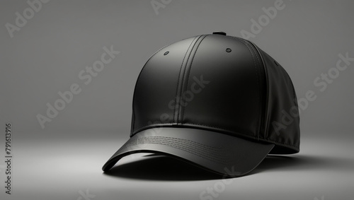 A black baseball cap is sitting at a slight angle on a pale gray surface.