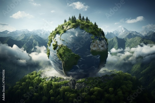 Earth day concept. 3d model of earth with trees and green plants AI generated