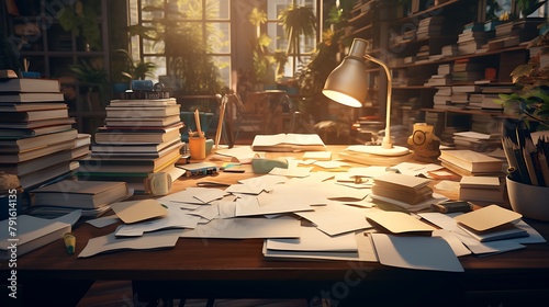 A desk cluttered with papers and books, with a lone fountain pen standing upright, waiting to be used