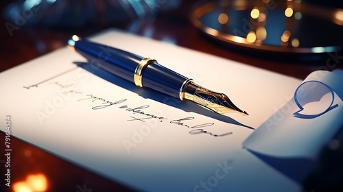 A detailed close-up of a fountain pen elegantly inscribing a signature on a contract, capturing the essence of strategic business negotiations