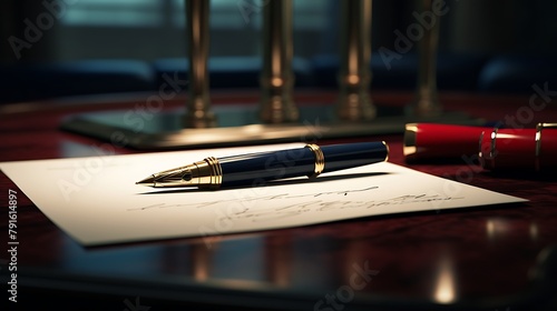 A dramatic close-up shot of an elegant fountain pen poised above a high-stakes contract, capturing the tension before the crucial signature