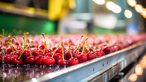 Red ripe cherries on a wet conveyor belt in a packing warehouse. Sorting of cherries on a conveyor.