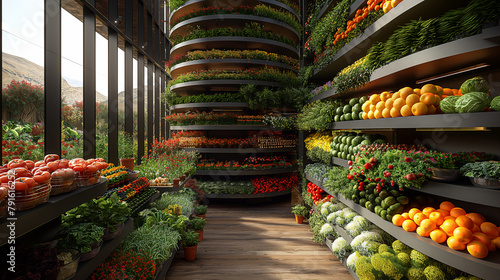 17. Vertical Harvesting: A multi-tiered vertical farm where automated harvesting robots collect ripe fruits and vegetables from towering shelves, streamlining the harvesting proces