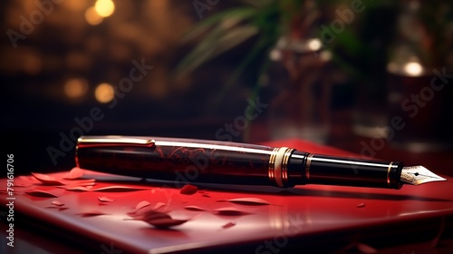 A fountain pen resting on a polished mahogany desk, ready to jot down ideas for a new novel