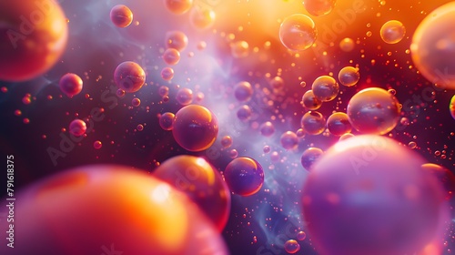 Colorful 3D rendering of a cluster of translucent spheres floating in a gaseous medium.
