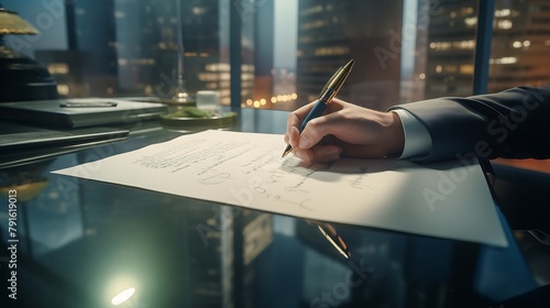 A montage of close-up shots captures the meticulous process of signing a high-stakes contract with a fountain pen, interspersed with glimpses of the bustling city outside the office window, reflecting
