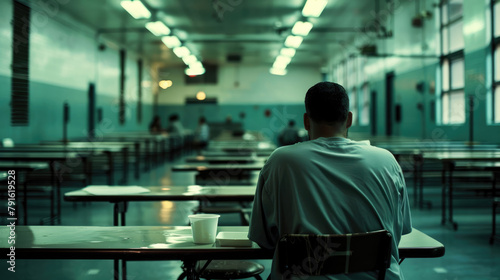 A lonely prisoner sits in the prison dining room. Gloomy room