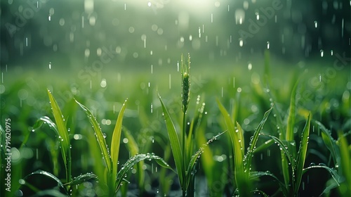 In a field, new green wheat seedlings gradually grow in spring rain, and raindrops slowly fall from the sky, hitting the tender green leaves. Generative AI.