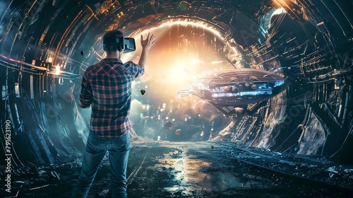 Man experiencing virtual reality in a futuristic tunnel, digital adventure concept. High-tech entertainment. AI-generated art. AI