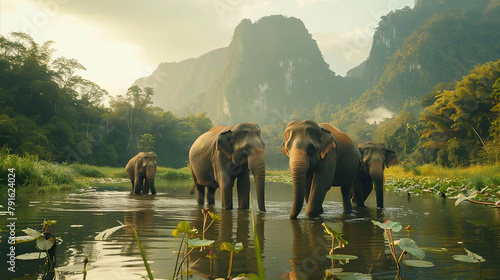 Wild Elephants Bathing in Tropical River at Sunrise