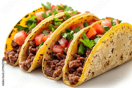 Isolated white background with taco filled with meat, tomatoes, lettuce. Abstract design of tacos close up.
