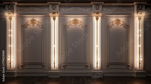 An image of a classic interior with columns, pilasters, and wall panels with moldings. The walls are dark gray and the moldings are gold. There is a dark wood floor.
