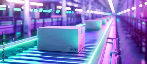 modern conveyor belt in a distribution warehouse with cardboard box