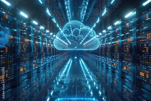 futuristic data center with glowing blue cloud in center