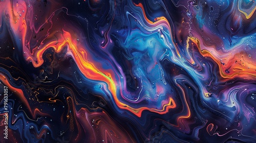 Close up of vibrant abstract painting on dark canvas