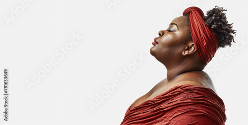 plump afro american woman stands sideways, in harmony with her body, concept body positivity, banner, copy space