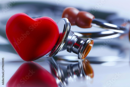 Cardiological care concept. Extreme close-up of red heart and stethoscope on reflective surface, with copy space