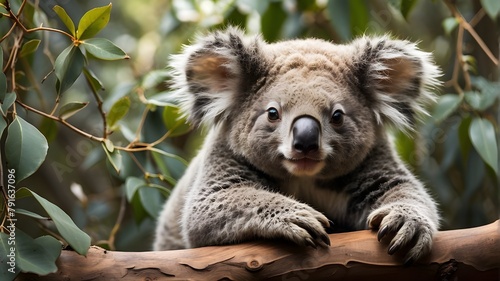 A sleepy koala bear nestled in the crook of a tree branch, its round ears twitching as it dozes off.