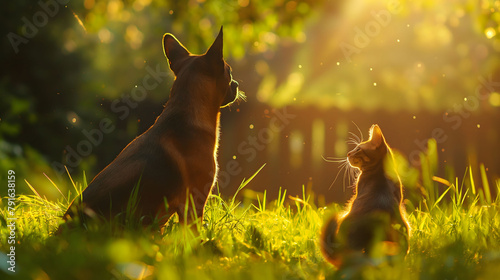 a dog and a cat are sitting in the grass one of them is a dog and the other is a cat.The dog is chasing its tail while the cat lazily watches, flicking its tail back and forth. The sun is shining brig