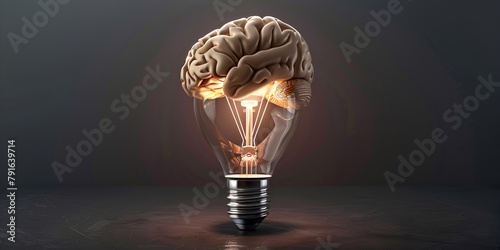 a brain ona light bulb glows brightly against a dark background