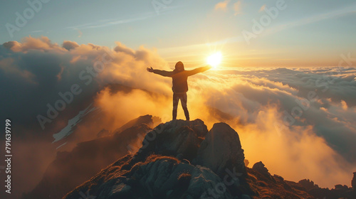 A person atop a mountain at dawn, arms spread wide, beaming with joy.