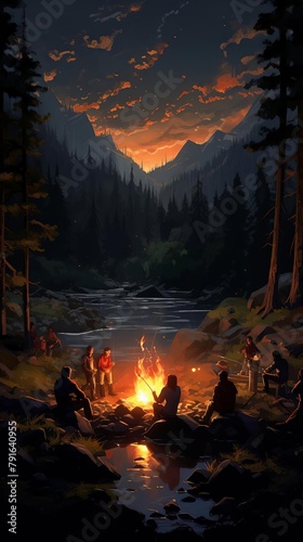 A group of friends camping in the mountains. They have set up a campfire and are sitting around it, talking and laughing. The sun is setting behind the mountains and the sky is turning into a deep ora