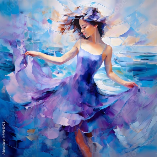 an oil painting of a dancing girl in shades of blue and purple.