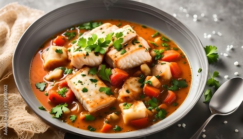 Fish Stew cooked in a delicious rich and fragrant broth, topped with fresh parsley and served with rice. 