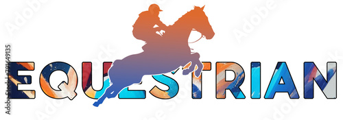 Isolated text EQUESTRIAN on Withe Background - Color Icon Gradient Silhouette Figure of a Male Show Jumping or Horse Racing