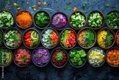 Top view of different colorful salad bowls with diced and sliced vegetables, ready for a healthy meal
