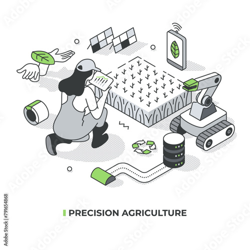 Precision agriculture and smart farming. Woman with tablet in front of crops analysing live data. Innovations in farming. Using technology and data analytics to maximize yield. Isometric illustration