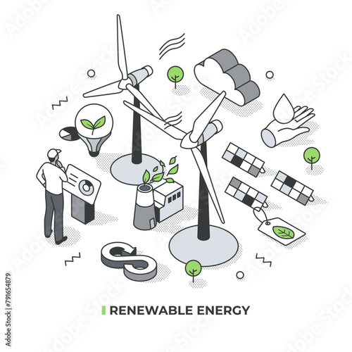 Renewable energy isometric illustration. Depicts technologies that harness energy sources like solar, wind, hydroelectric to reduce dependence of fossil fuel. Green technology concept
