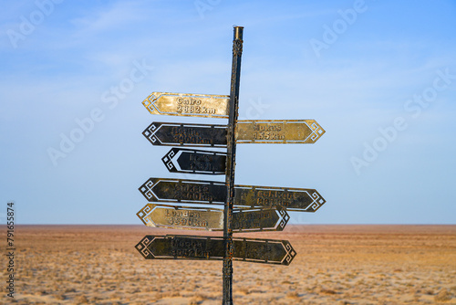 Multiple destinations orientation signpost located on an overlook above the ancient shore of the Aral Sea in Moynaq, Karakalpakstan, Uzbekistan