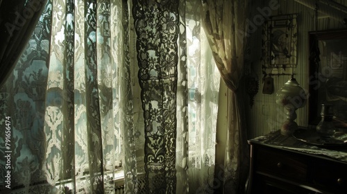 Nostalgic Vintage Decor Featuring Intricate Lace Curtains.