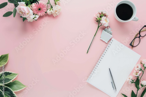 Behold the meticulously arranged workspace from a top view, showcasing notepad, office supplies, and flowers on a light background. AI generative elevates creativity.