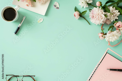 Behold the meticulously arranged workspace from a top view, showcasing notepad, office supplies, and flowers on a light background. AI generative elevates creativity.