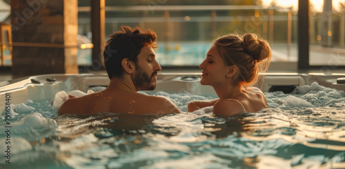 a couple relaxing in a jacuzzi with hot tub water at a spa resort hotel, smiling with natural lighting