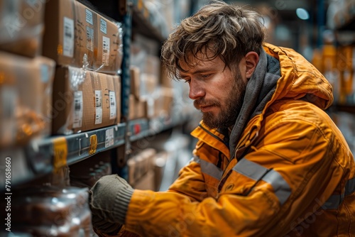 Image depicts a focused warehouse worker in high-visibility clothing amidst parcels, face excluded