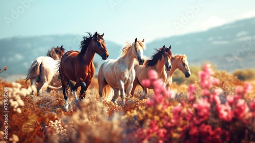Group of Wild Horses Galloping Across a Sunlit Meadow, a Dynamic Display of Power and Grace in the Natural World.
