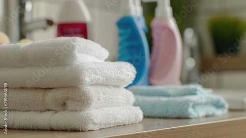Stack of white towels on a counter, suitable for bathroom or spa concept