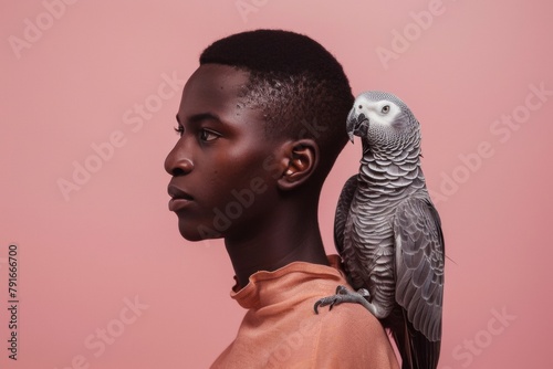 grey jaco pet parrot sitting on a man’s shoulder, portrait of male with domestic african parakeet on plain background