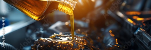 A close-up view of fresh, golden engine oil being poured into the intricate machinery of an automobile engine