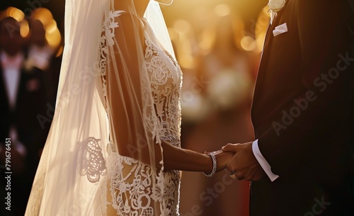 Mariage, la mariée et le marié se tenant par la main pendant la cérémonie des vœux.
