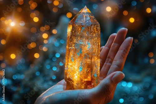 Yellow glowing crystal in hand with blue and yellow blurred lights in the background
